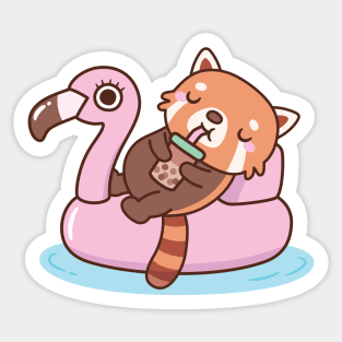 Cute Red Panda With Flamingo Pool Float Summer Sticker